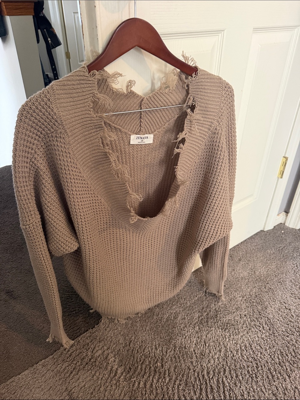 Zenana Outfitters Taupe Frayed V-Neck Sweater